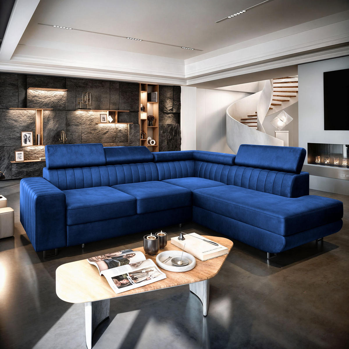 ECKSOFA NOLA R-S Blau Velours-Stoff mit Schlaffunktion - Blau, Holz (253/190cm) - MASSENO