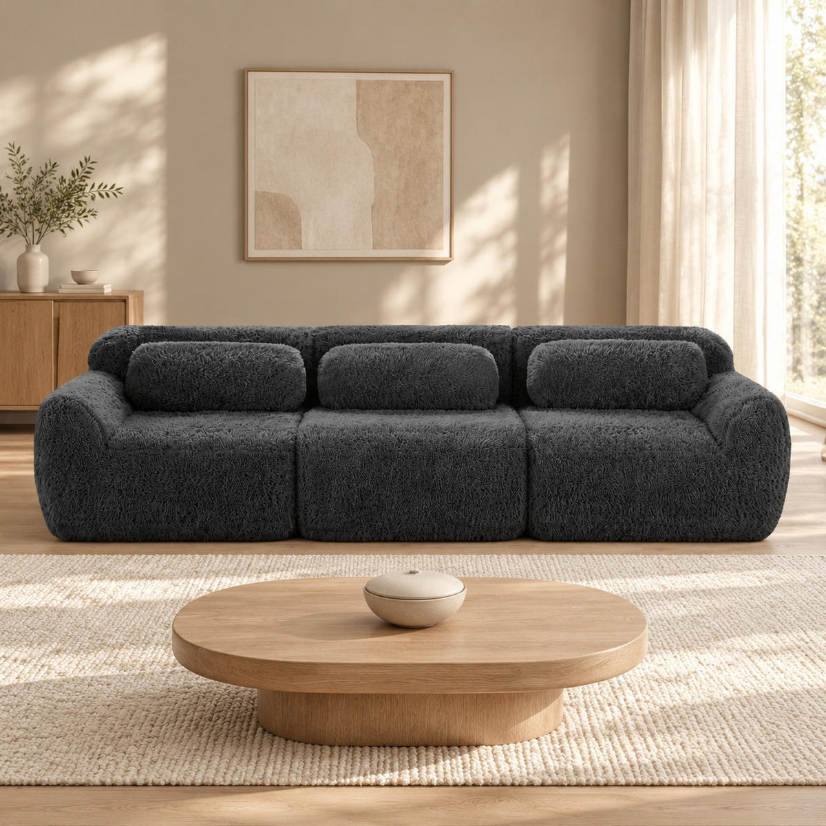 ECKSOFA mit Plüschbezug Grau 291x104x73 cm, modular, mit rutschfester Basis - Grau, Textil (104/291cm) - IVMEU