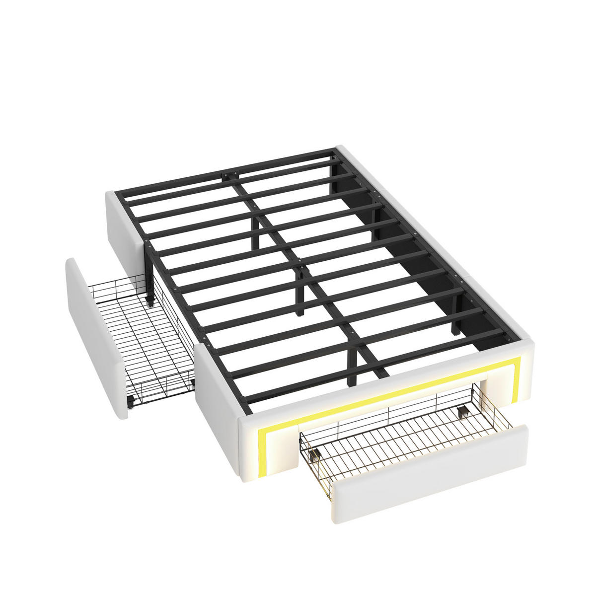 POLSTERBETT 90/200 cm mit Schubladen, LED-Lichtleiste und Metallrahmen, Weiß - Weiß, Textil (90/200cm) - Redom