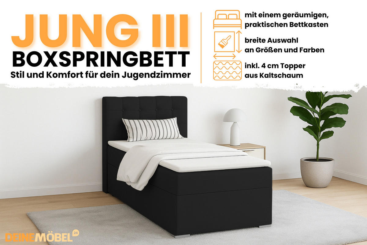 BOXBETT JUNG 3 100/200 Schwarz H4 Öffnung links - Schwarz, Holz/Holzwerkstoff (100/200cm) - Deine Möbel 24