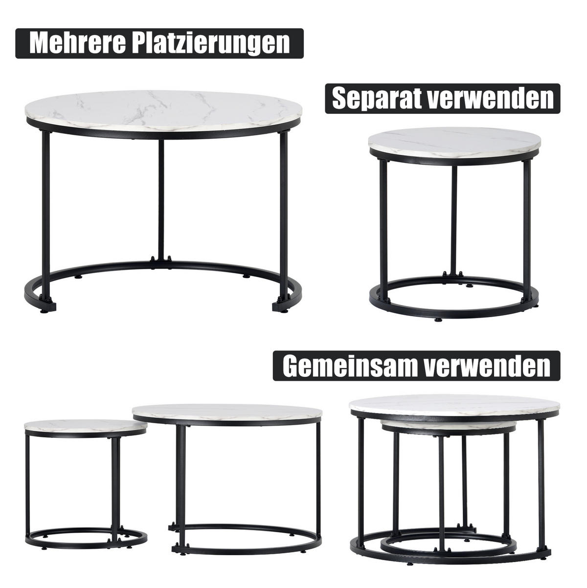 KONFERENČNÍ stolky, sada 2 ks, MDF v dekoru bílého mramoru, kulaté,70.5/70.5/50 cm - bílá, kompozitní dřevo (70.5/70.5/50cm) - BEAOK