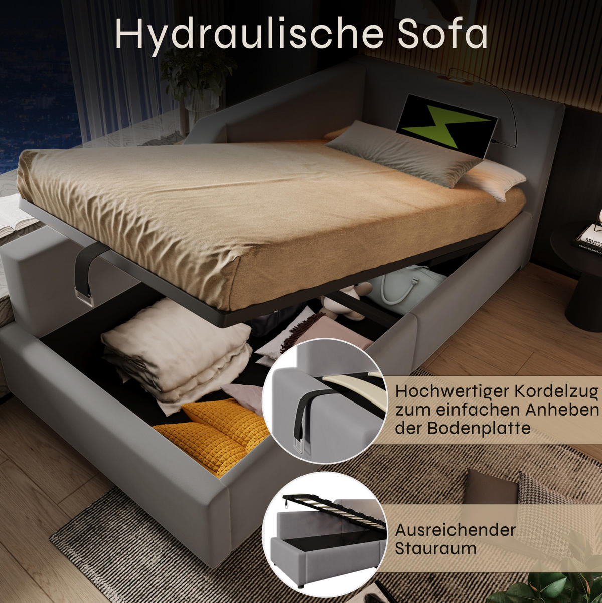 POLSTERBETT 90/190 cm mit hydraulischem Stauraum, USB-C, Leselampe und Lattenrost, Samt, Grau - Grau, Holz (90/190cm) - Redom