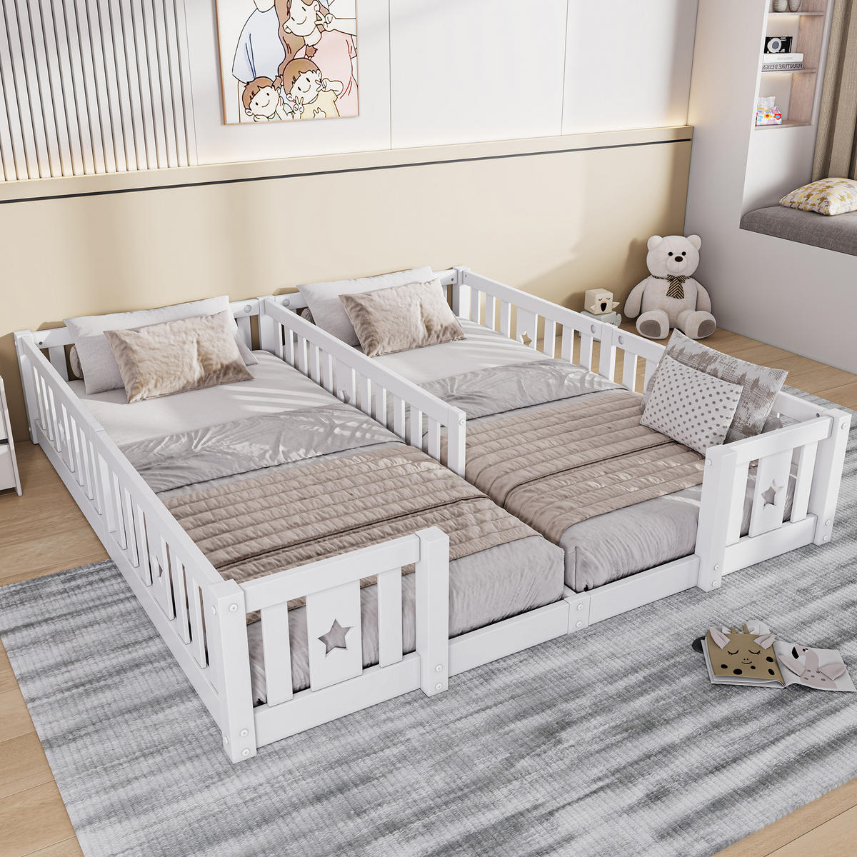 BODENBETT 90x200cm für 2 Kinder mit Rausfallschutz & Sternen-Design, weiß,Ohne Lattenrost - Weiß, Holz - BursDany