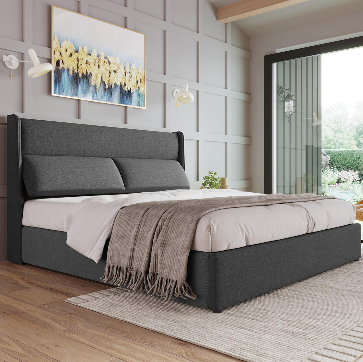 BETT mit Stauraum und Kopfteilverstellung 140x200 cm Leinen Grau - Grau, Metall (140/200cm) - Meubliv