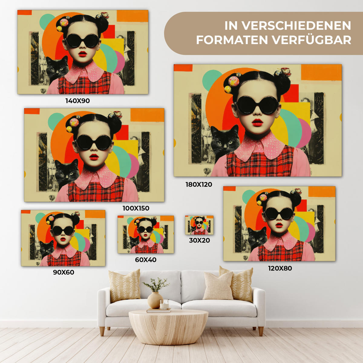 LEINWANDBILD Mädchen - Sonnenbrille - Katze - Retro Wohnzimmer Groß 120x80 cm - Beige, Textil (120/80cm) - MuchoWow