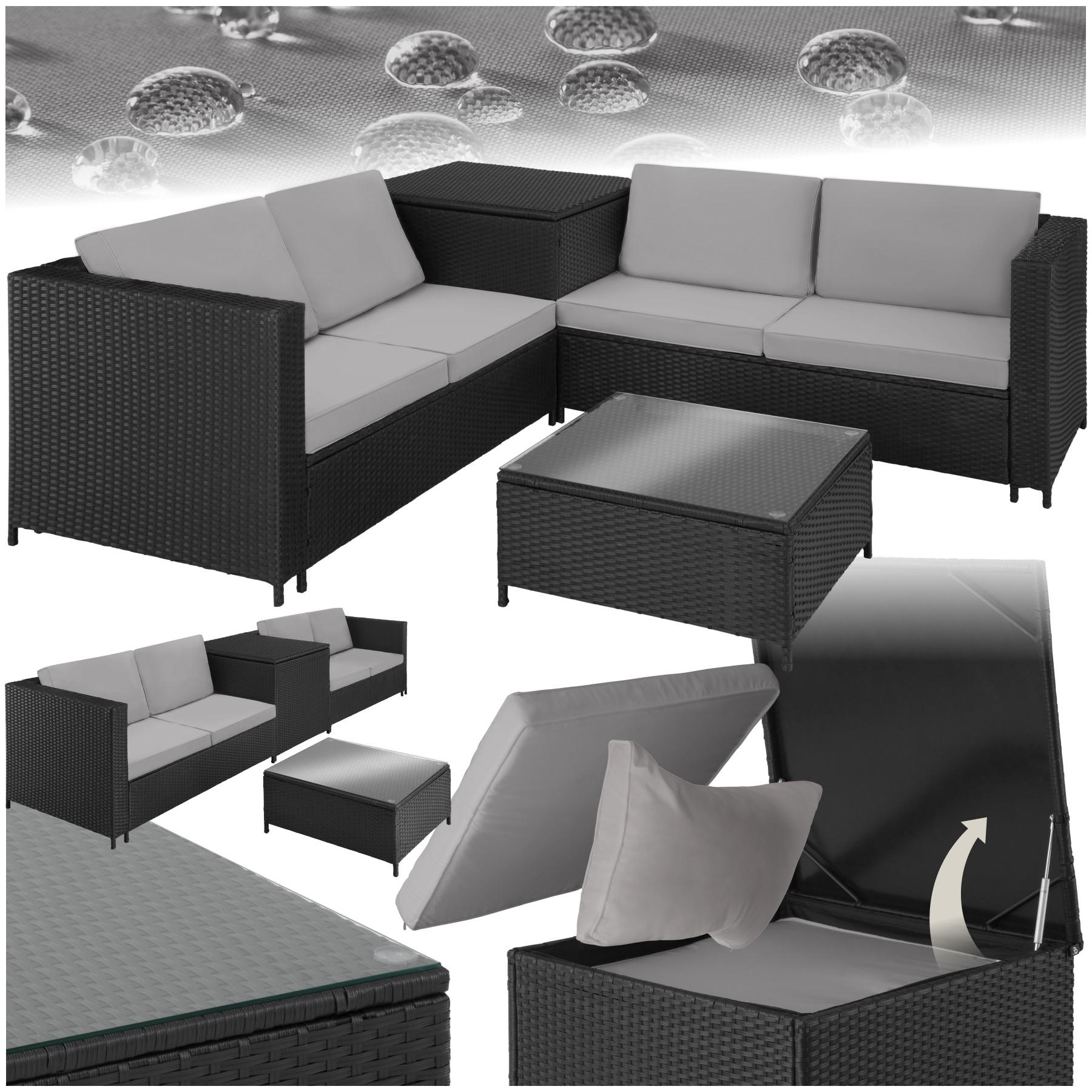 RATTANLOUNGE Siena,mit Sicherheitsglasplatte,schwarz/grau - Schwarz/Grau, Kunststoff - tectake