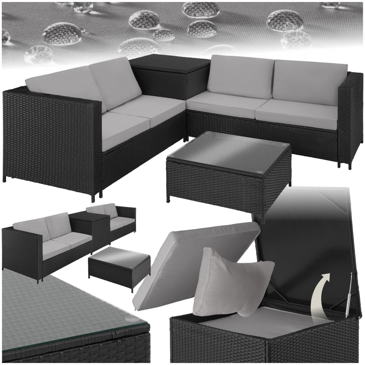 RATTANLOUNGE Siena,mit Sicherheitsglasplatte,schwarz/grau - Schwarz/Grau, Kunststoff - tectake