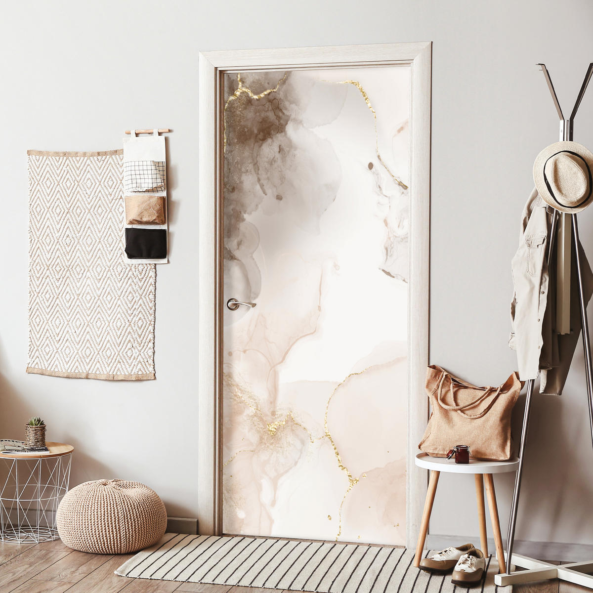 TÜRAUFKLEBER Selbstklebend - Marmor - Braun - Linie 95x215 cm - Türtapete - Champagner, Kunststoff (95/0.1cm) - MuchoWow