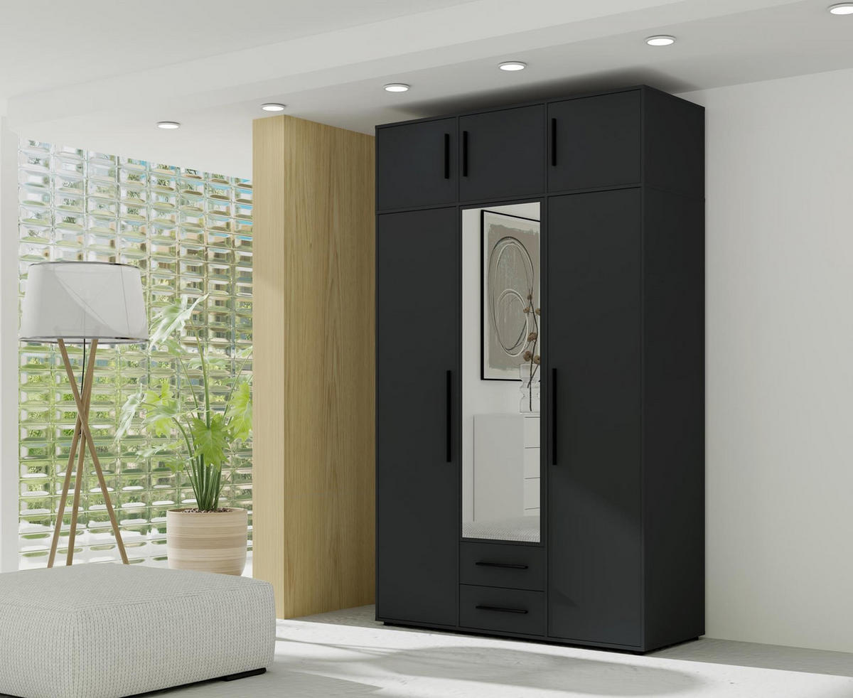 KLEIDERSCHRANK Maxivo Schwarz, dreitüriger Kippschrank mit Schubladen und Spiegel, Erweiterung - Schwarz, Holzwerkstoff (150/248/59cm) - Bettso