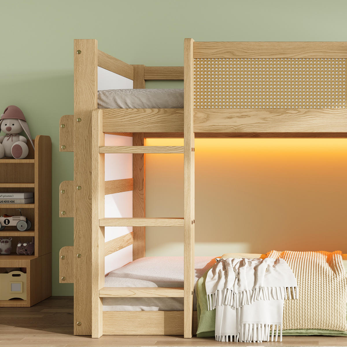 HOCHBETT 90/200 cm in Natur & Weiß mit LED, Ablagen und Treppe - Naturfarben, Holz/Holzwerkstoff (90/200cm) - WISHDOR