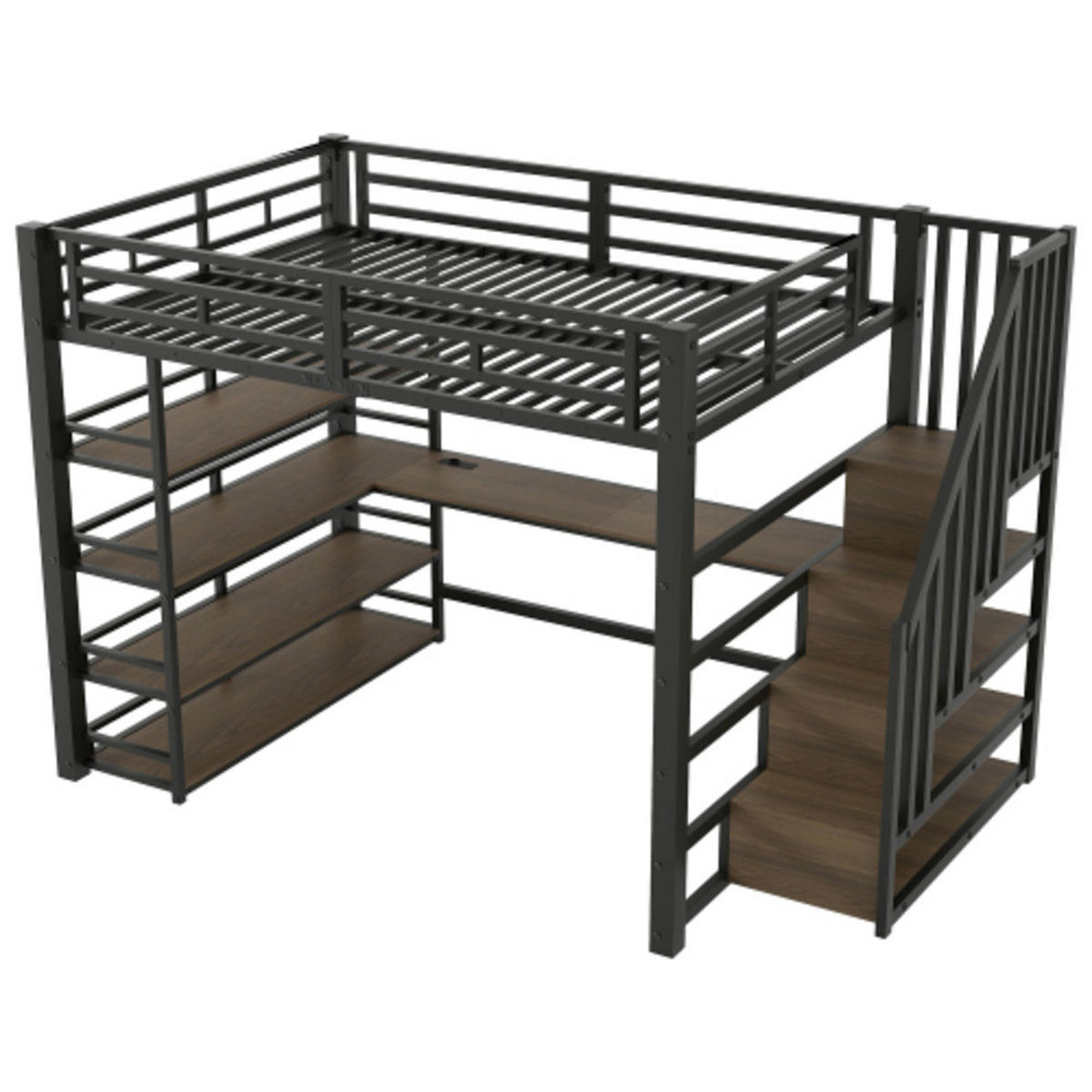 HOCHBETT 140x200 cm mit Schreibtisch, 4-stöckigem Regal und Stauraumtreppe, LED und Ladestation, schwarz - Schwarz, Holzwerkstoff (140/200cm) - Luhomfu