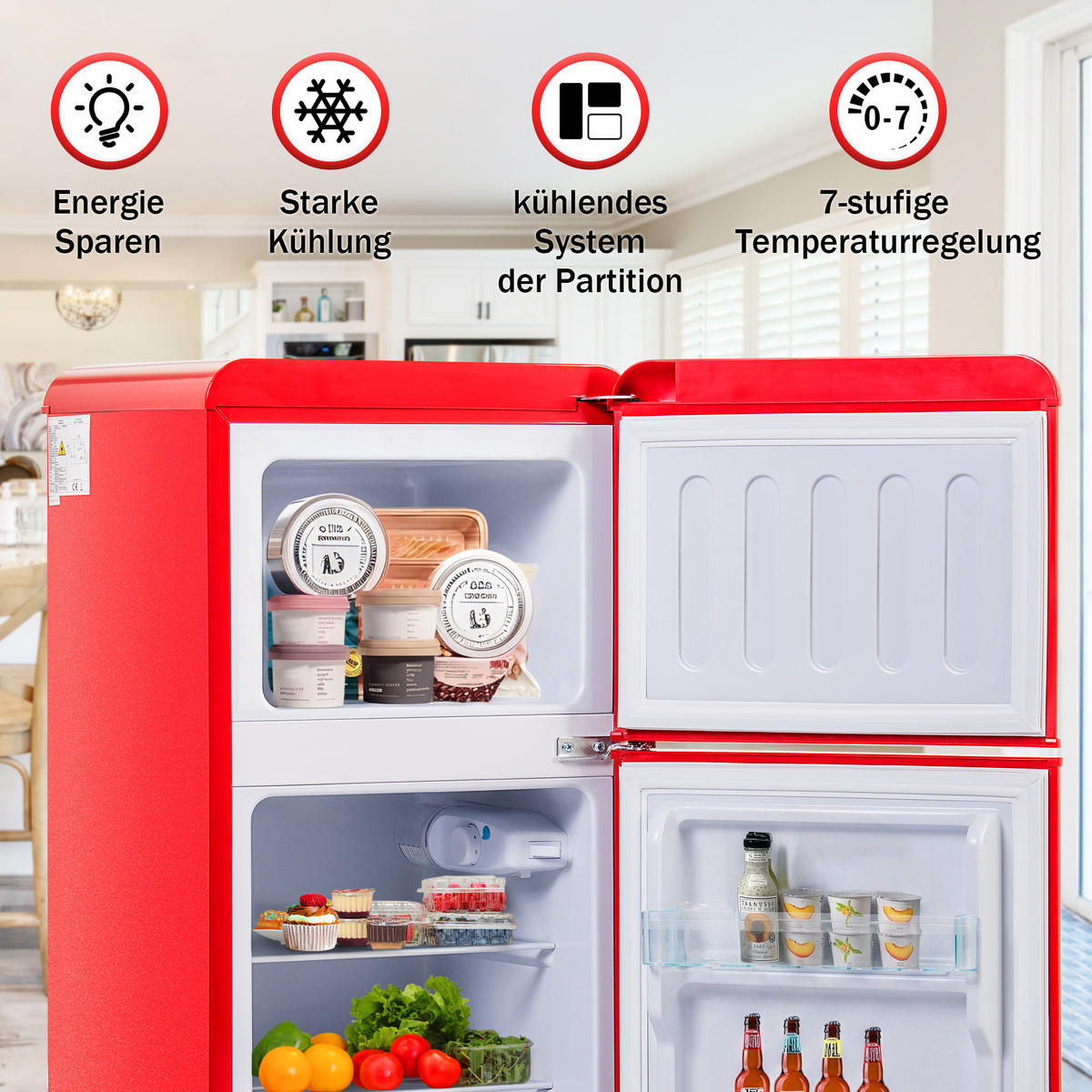 KÜHL-GEFRIER-KOMBINATION 60 l, 22 l Gefriervolumen, 45,5 x 88,8 cm, Energieeffizienzklasse E, Rot - Rot, Metall (45.5/88.8/42cm) - FOHERE