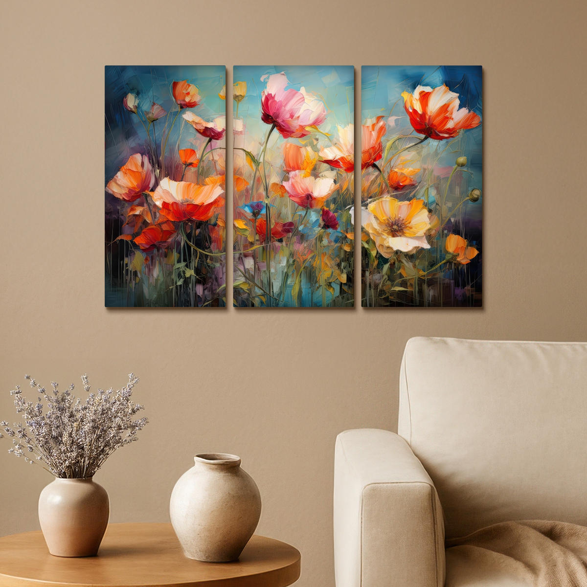 LEINWANDBILD 3er Set Blumen - Bunt - Abstrakt 60x40 cm - Blaugrau, Textil (60/40cm) - MuchoWow