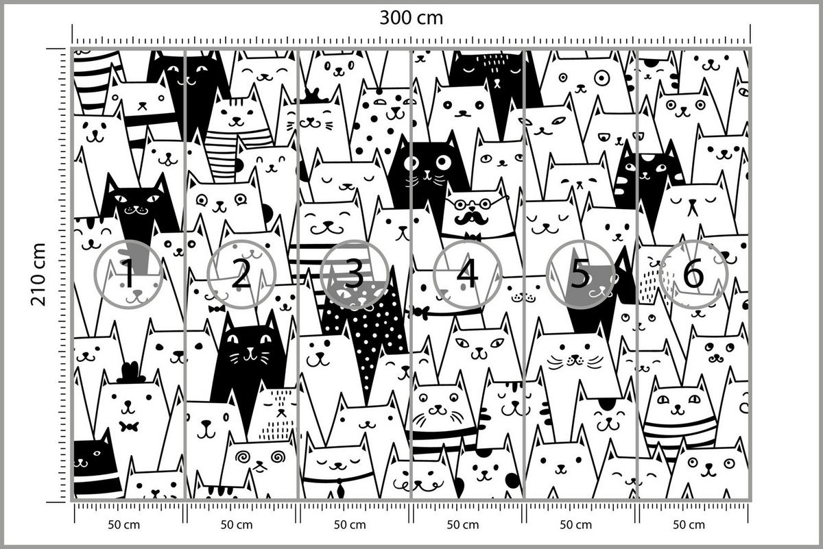 FOTOTAPETE für Kinderzimmer Schwarze Weiße Comic Katzen 300x210 - Schwarz/Weiß, Papier (300/210cm) - Muralo