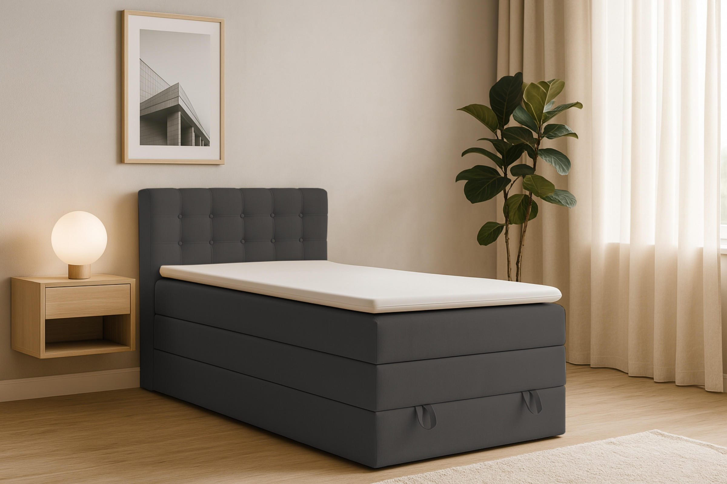 BOXSPRINGBETT JUNG 1 100/200 Velours Anthrazit mit Matratzen H3 + H4 - Anthrazit, Holz/Holzwerkstoff (100/200cm) - Deine Möbel 24
