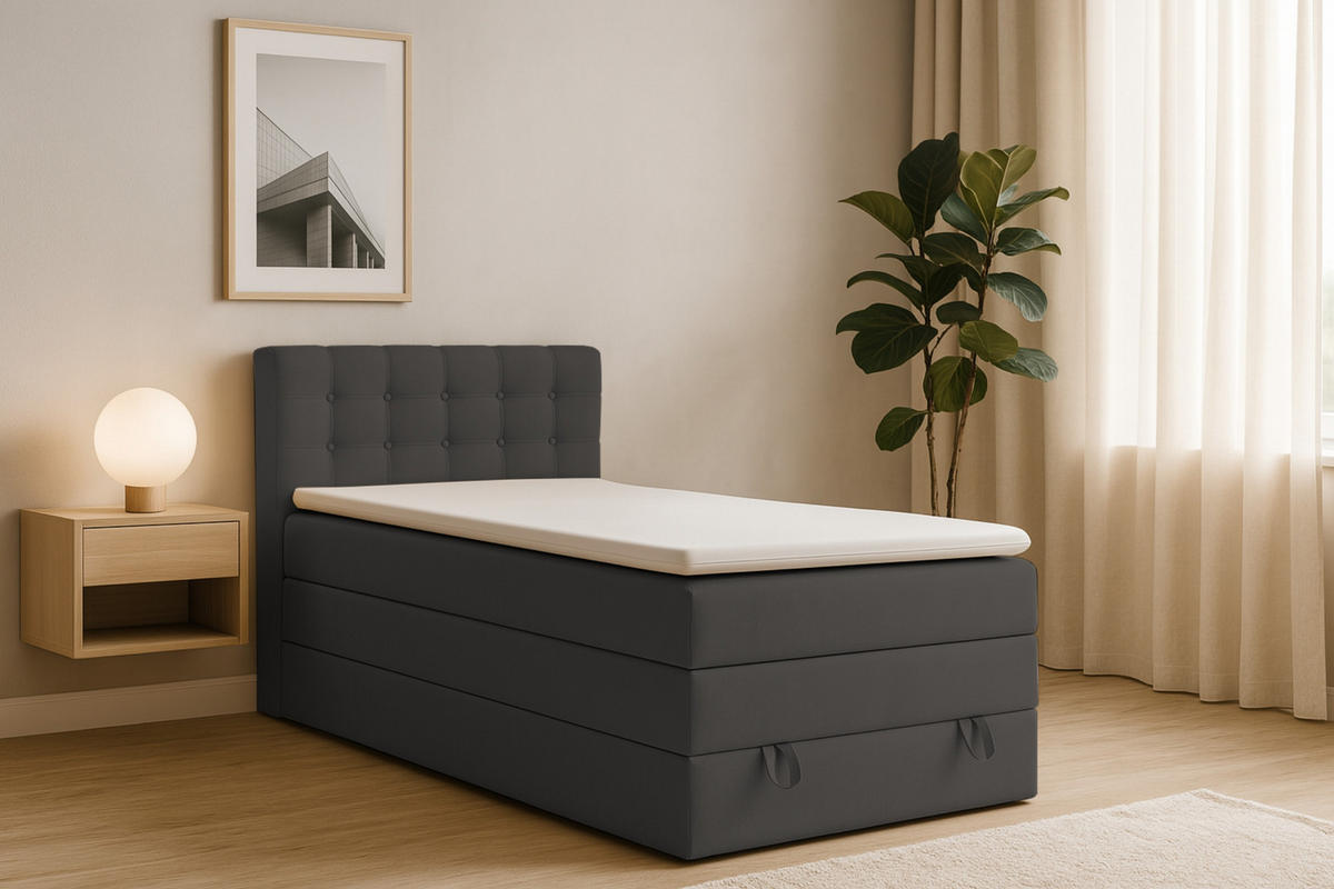BOXSPRINGBETT JUNG 1 100/200 Velours Anthrazit mit Matratzen H3 + H4 - Anthrazit, Holz/Holzwerkstoff (100/200cm) - Deine Möbel 24