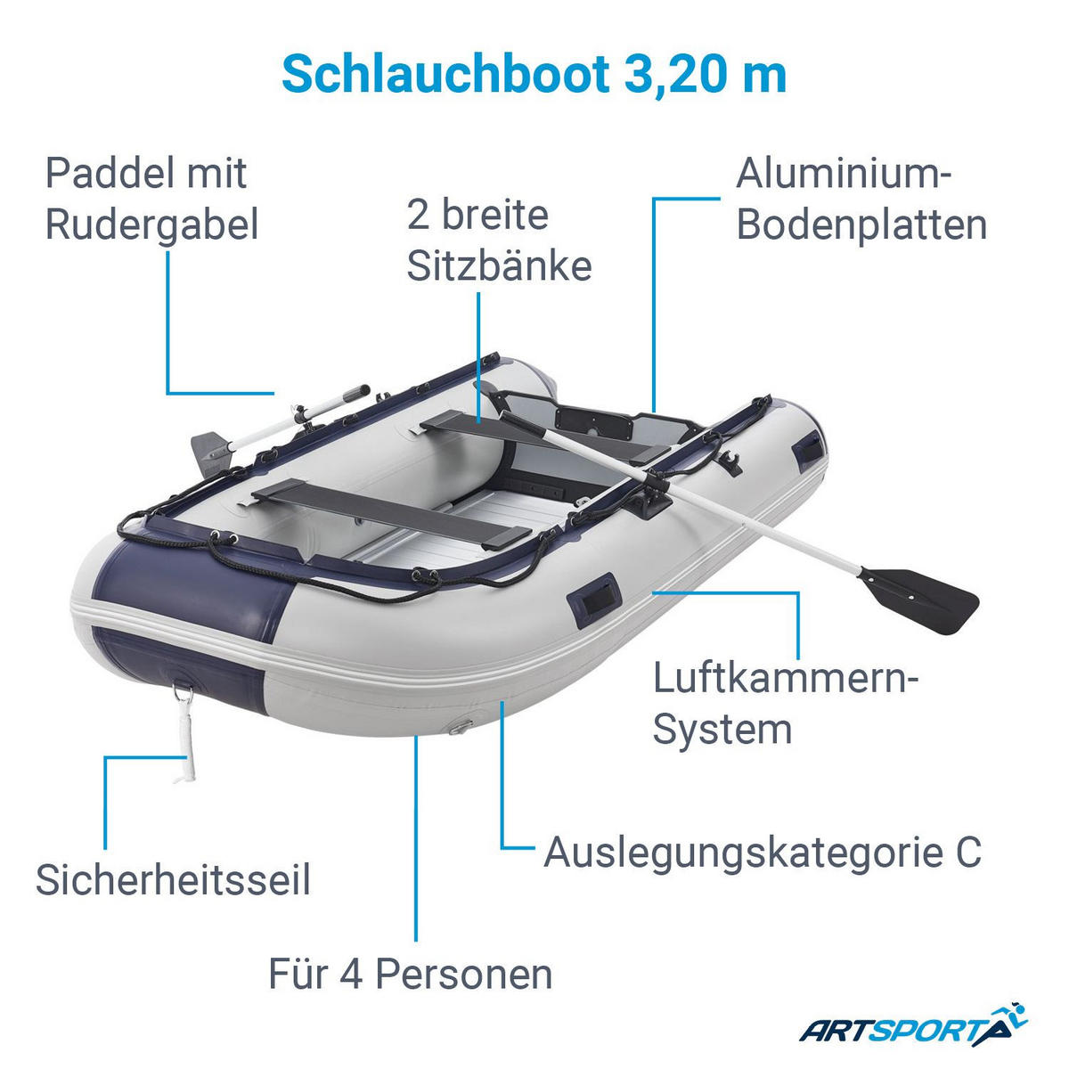 SCHLAUCHBOOT Paddelboot 3,20 m inkl. Tasche & Reparaturset - Grau, Kunststoff (320/155/70cm) - Artsport