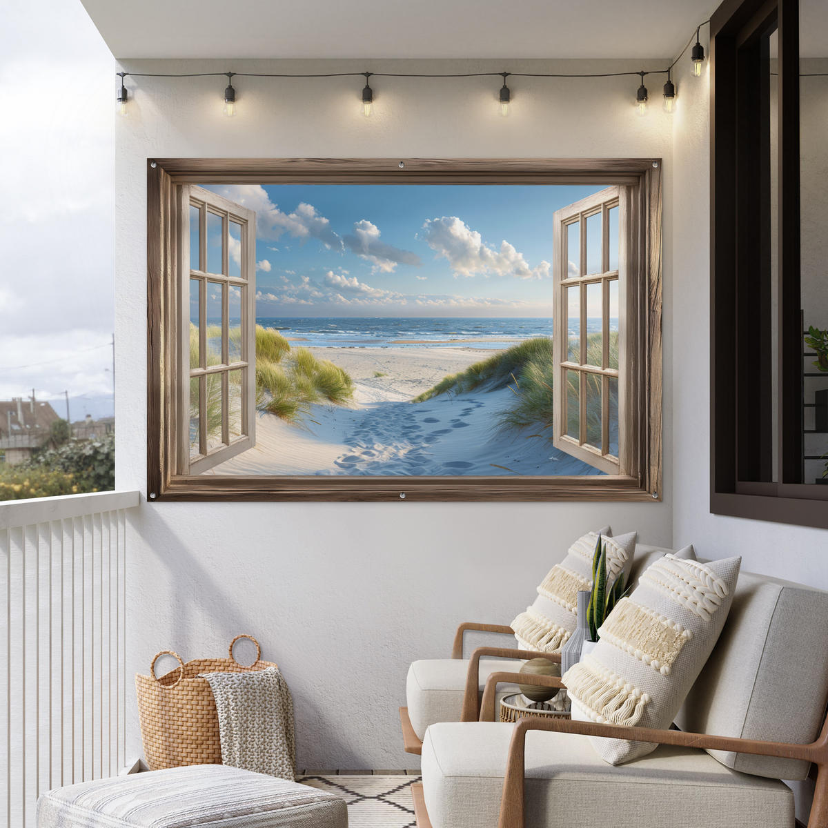 ZAHRADNÍ PLAKÁT Pohled - Pláž - Okno - Duny - Moře 180x120 cm - světle modrá, plast (180/120/0.2cm) - OnlyWow