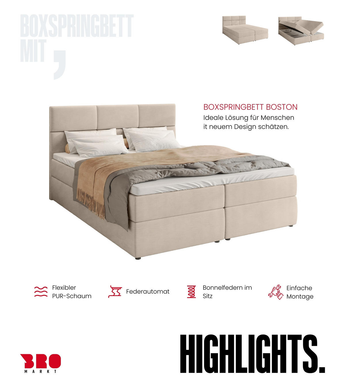 BOXBETT Boston mit Topper 180/200 Ecru - Ecru, Holzwerkstoff/Textil (180/200cm) - Bromarkt