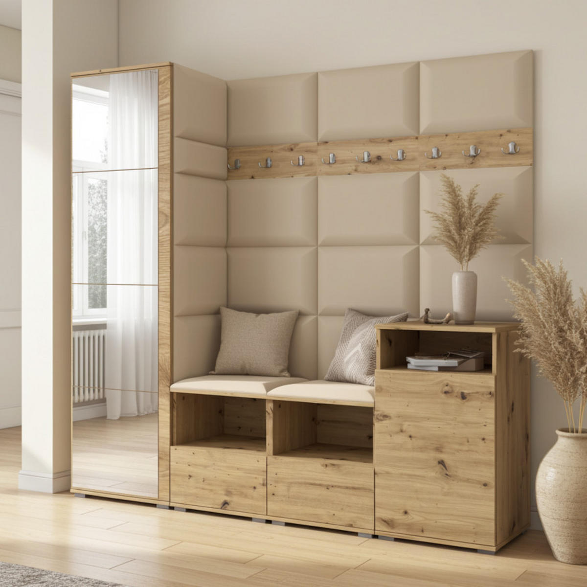 GARDEROBE NELA X 200 cm (Modulare Flurmöbel Artisan Eiche mit Spiegel & Sitzpolster Beige 04 Schrank + Sideboard) - Beige/Silberfarben, Holz/Holzwerkstoff (200/187/40cm) - Ravio