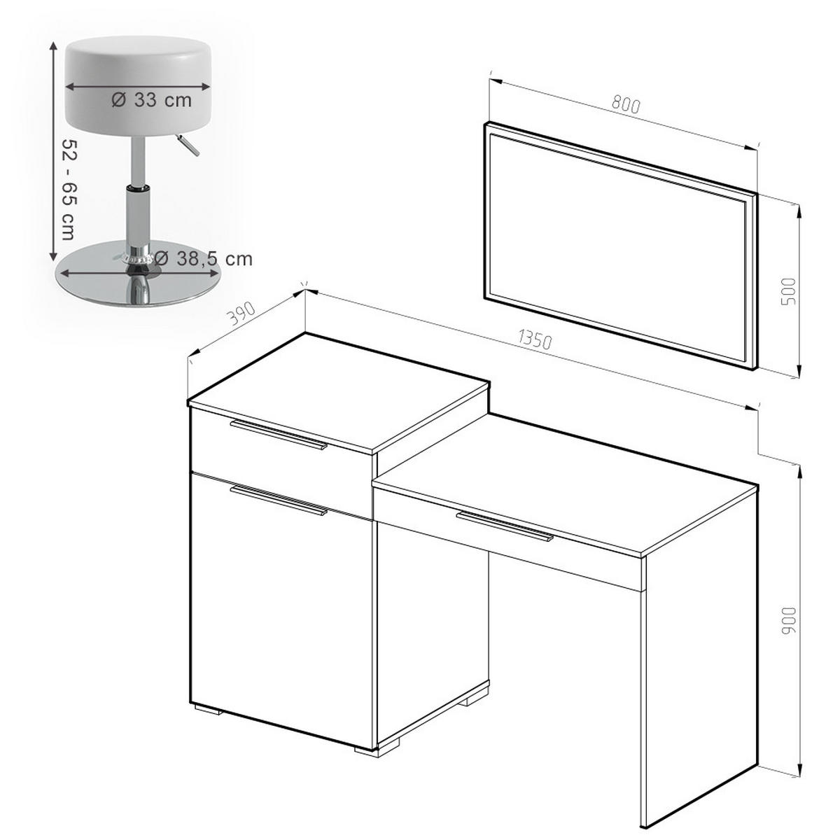 SCHMINKTISCH Lilli Weiß 135 cm mit Hocker - Weiß, Holzwerkstoff (135/90/39cm) - Vicco
