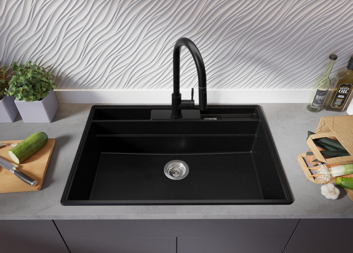 SPÜLBECKEN New York, 2-er set Schwarz 78/53 cm 1 Becken + Ablauf-Set + Küchenzubehörset ab 80er Unterschrank - Chromfarben/Beige, Kunststoff (78/20/53cm) - Primagran