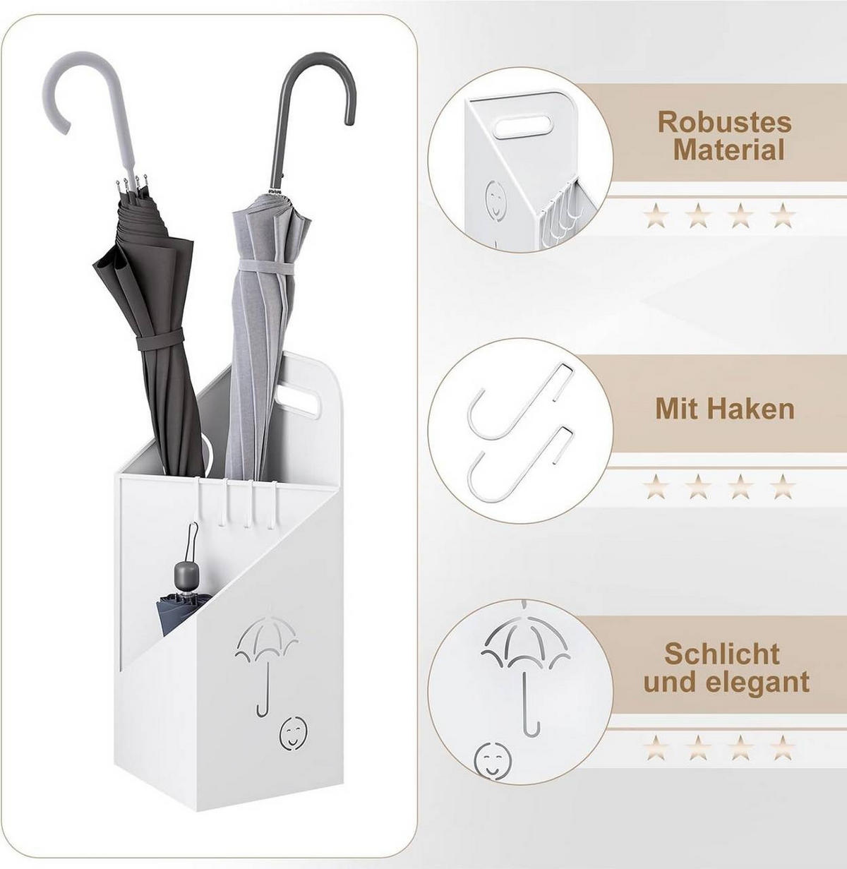 SCHIRMSTÄNDER mit Griff, 4 Haken, Metall , Weiß - Weiß, Metall (20/49/20cm) - Woltu
