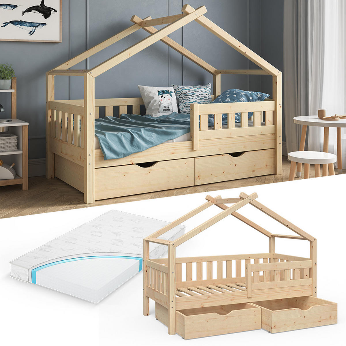 HAUSBETT Design Naturholz 80x160 cm mit 2 Schubladen und Matratze - Braun, Holz (80/160cm) - VitaliSpa