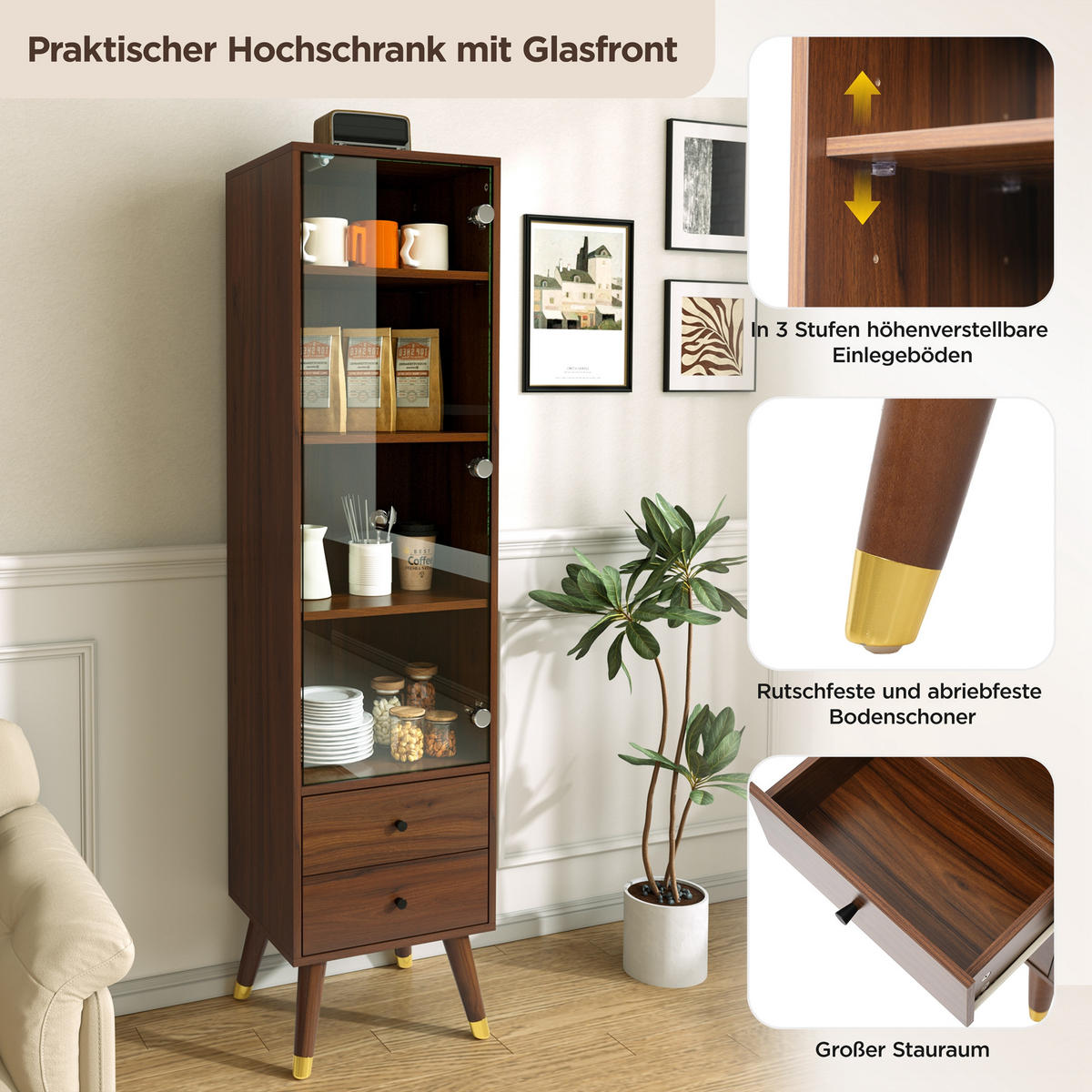 VITRINE in Walnussfarben mit Glastür und 2 Schubladen für Wohnzimmer, B39,8/T35/H160 cm - Transparent/Walnussfarben, Glas/Holzwerkstoff (39.8/160/35cm) - STILVORA