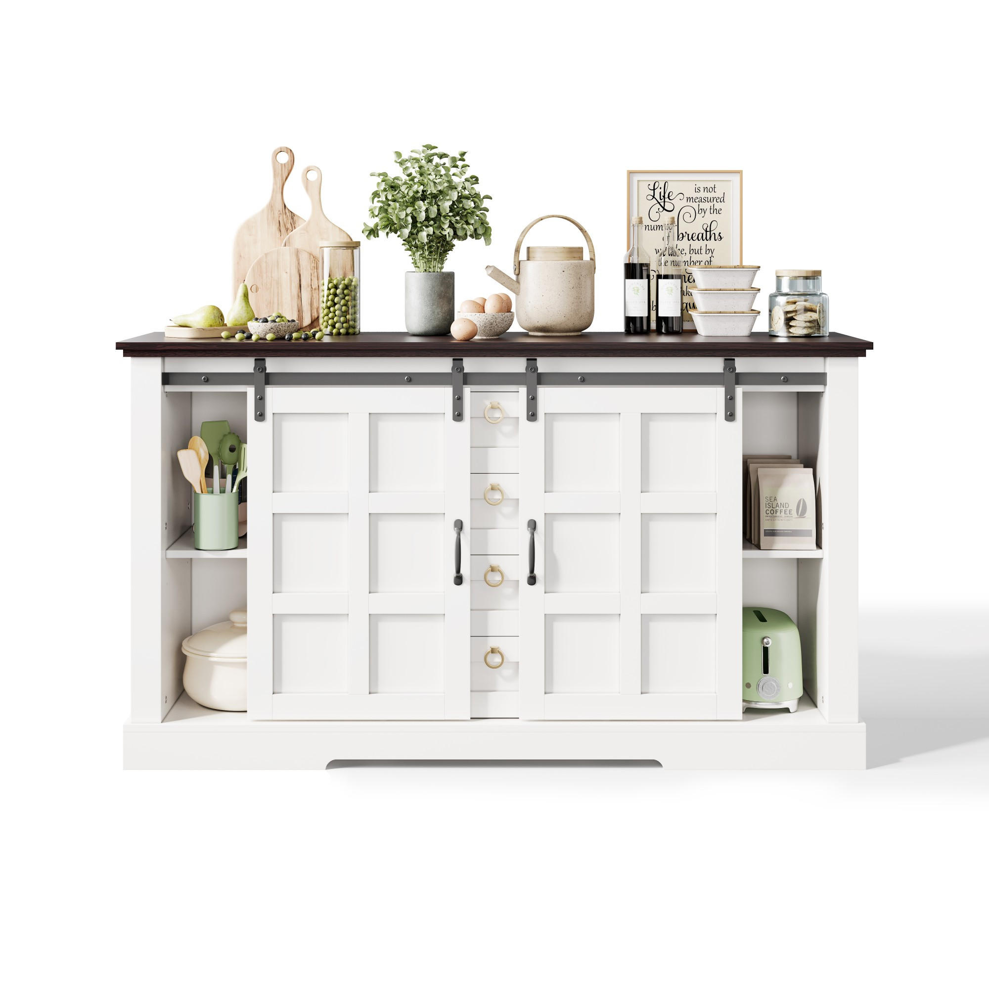 SIDEBOARD aus MDF 150x40x85 cm Weiß mit Schiebetüren, 4 Schubladen und verstellbaren Einlegeböden - Weiß, Holzwerkstoff (150/85/40cm) - Modfu