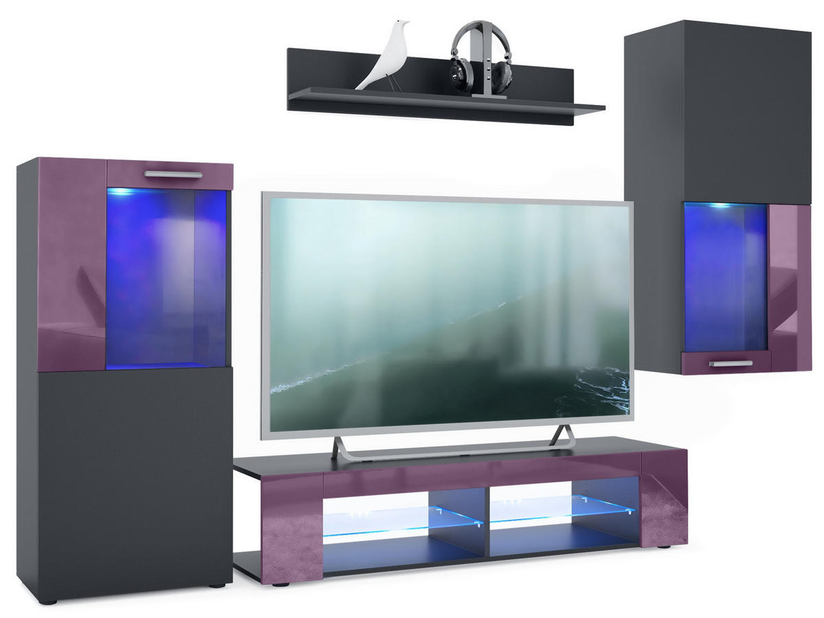 WOHNWAND Movie Absetzungen in Brombeer Hochglanz - Brombeere, Holzwerkstoff (300/190/39cm) - Vladon