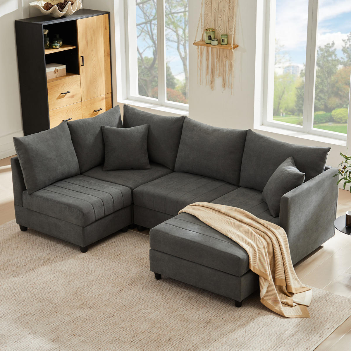 ECKSOFA 220/194/85 cm grau aus Baumwoll-Leinenstoff mit beweglichem Hocker - Grau, Textil (194/220cm) - OKWISH