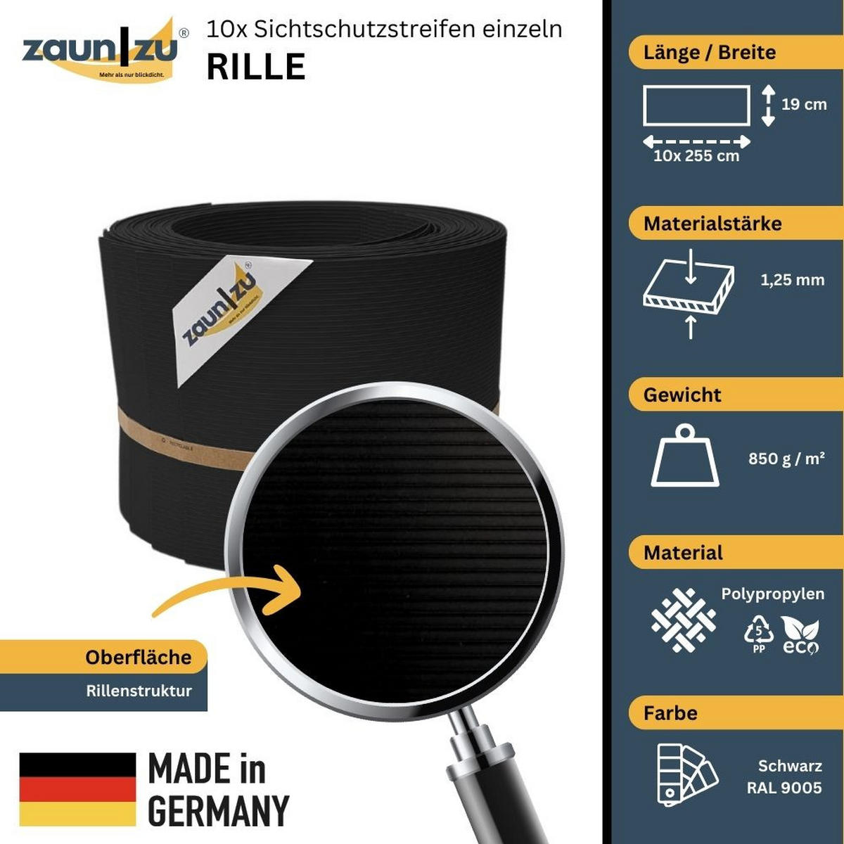 SICHTSCHUTZSTREIFEN Rille 10x Einzelstreifen 2,55m Sichtschutz Schwarz, 10 x 2,55m - Schwarz, Kunststoff (2550/19cm) - ZAUN|ZU