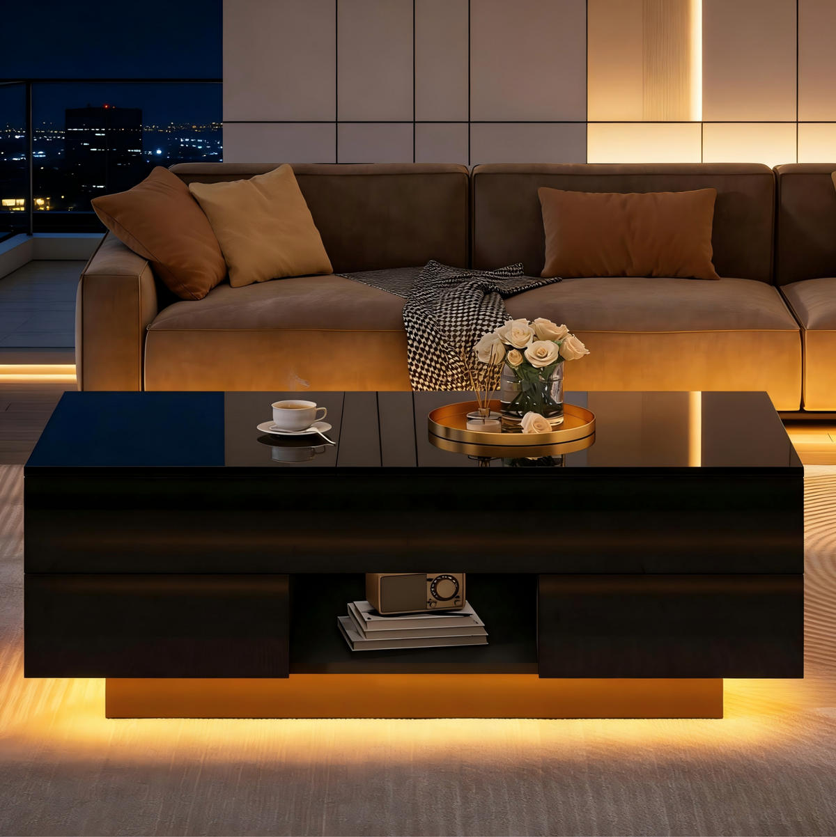 COUCHTISCH aus Spanplatte 100x45x43 cm in Schwarz mit LED & Höhenverstellung - Schwarz, Holzwerkstoff (100/45/43cm) - Modfu