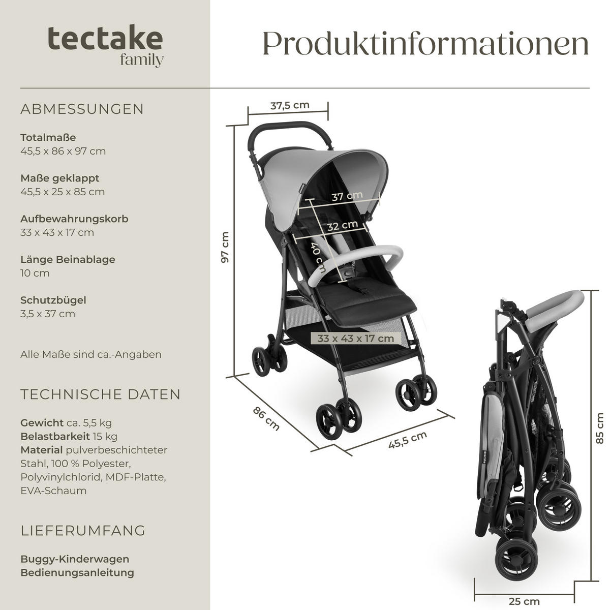 BUGGY Kinderwagen Emma,für 0 bis 36 Monate geeignet, Belastbarkeit 15 kg,schwarz/grau - Schwarz/Grau, Metall (86/45.5/97cm) - tectake