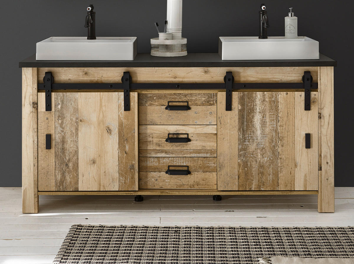 DOPPELWASCHTISCH Used Wood hell, anthrazit, Waschtisch Set inkl. 2 x Waschbecken 164 cm - Eichefarben/Anthrazit, Holz/Holzwerkstoff (164/81/43cm) - Furn.Design