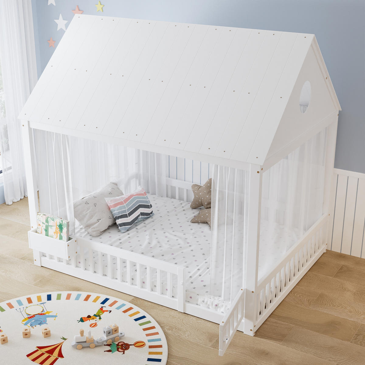 HAUSBETT 140x200 cm in Weiß mit dekorativen Vorhängeschirmen - Weiß, Holz (140/200cm) - KOMHTOM