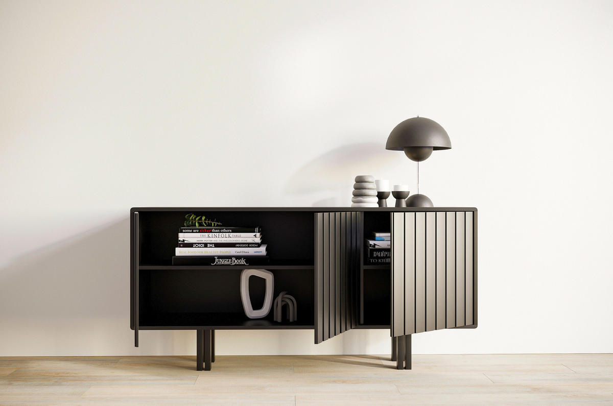 SIDEBOARD Vigge, Weiß, Push-To-Open System , Lamellen Effekt - Weiß, Holzwerkstoff/Buchenholz (149/73/40cm) - Skandica