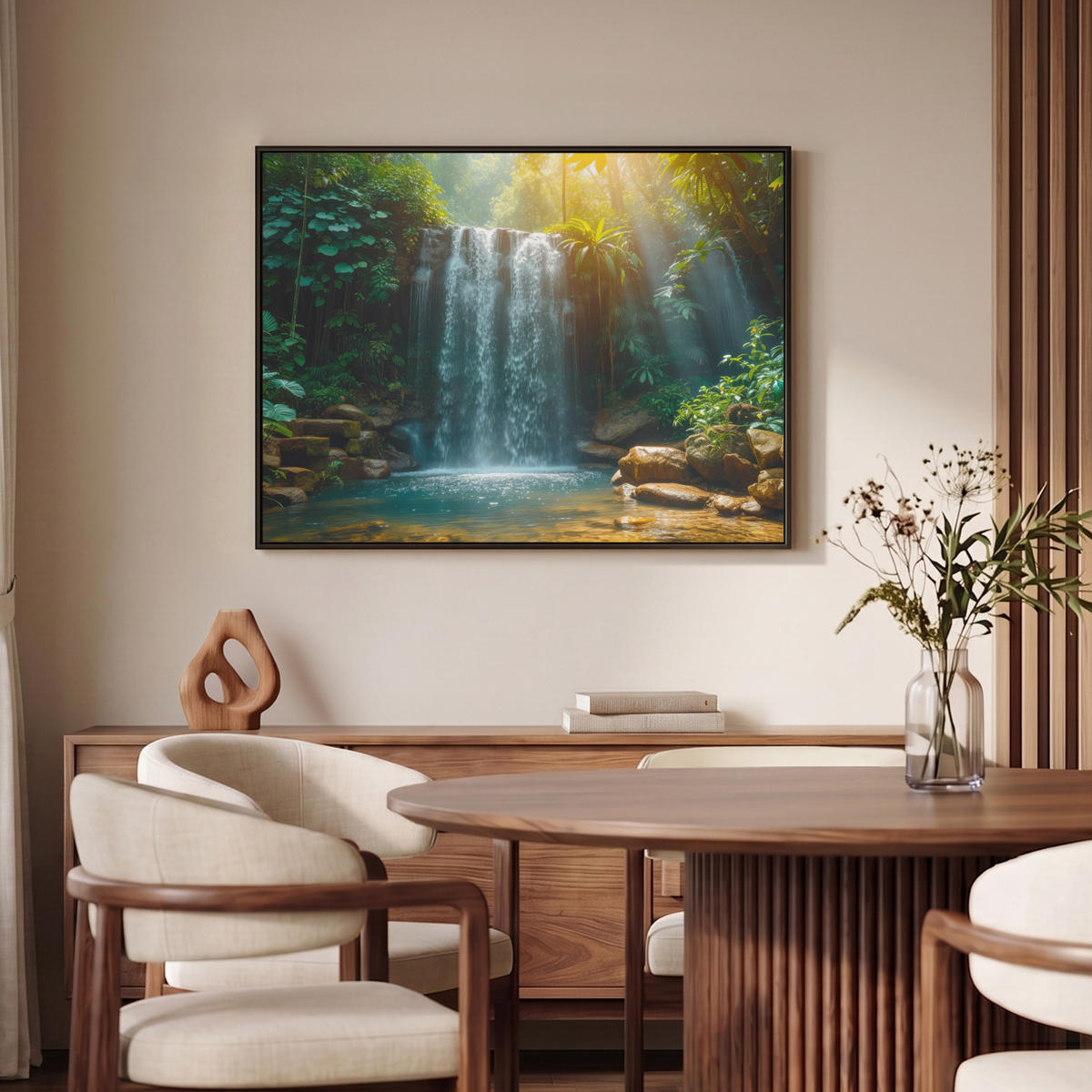 LEINWAND Bilder mit Rahmen - Wasserfall - Dschungel - Sonne - Grün - Natur - 100x70 - Grün, Textil (100/70cm) - MuchoWow