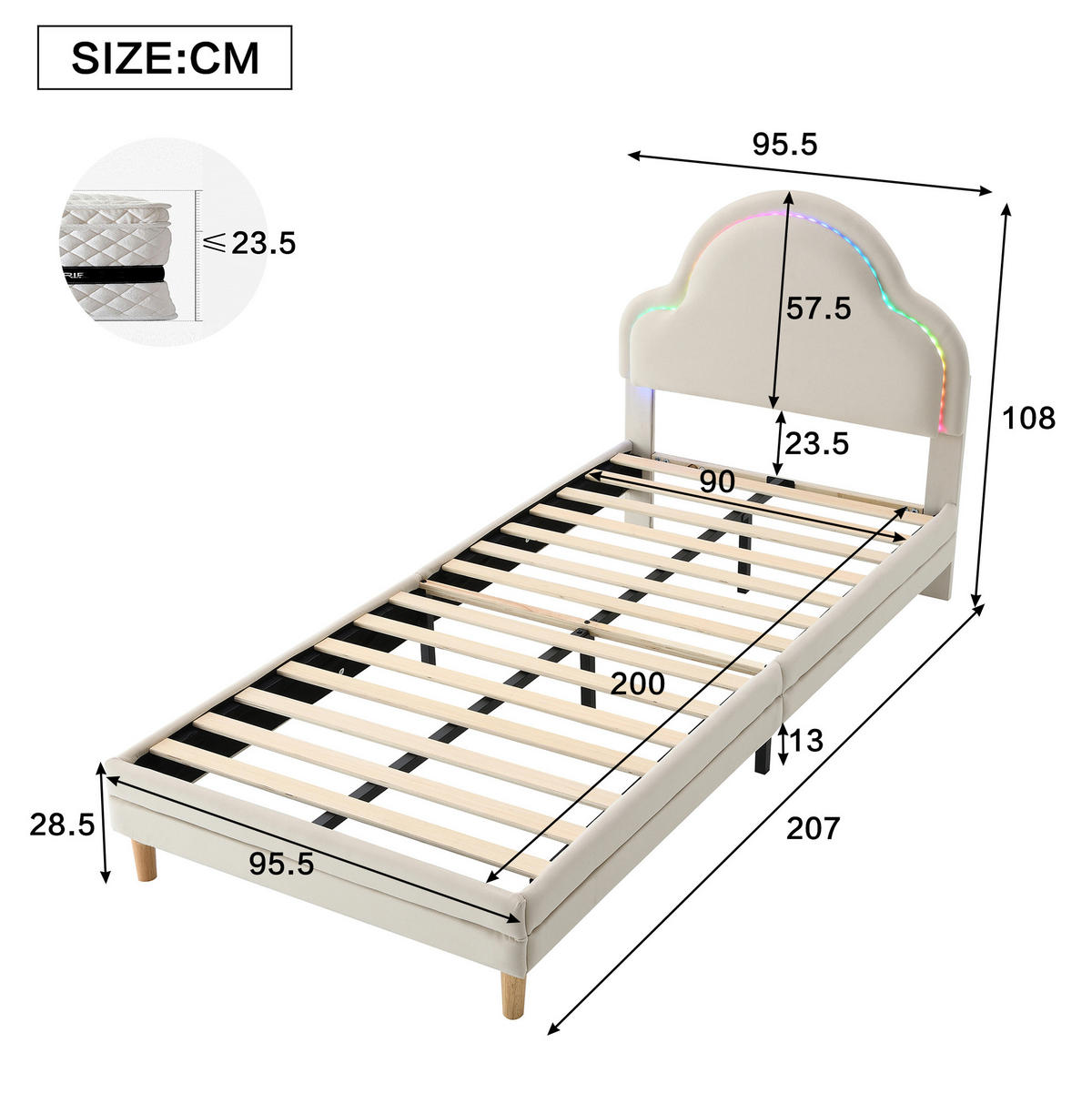POLSTERBETT 90/200 cm Beige mit wolkigem Kopfteil und LED-Beleuchtung aus Samt - Beige, Textil (90/200cm) - OKWISH