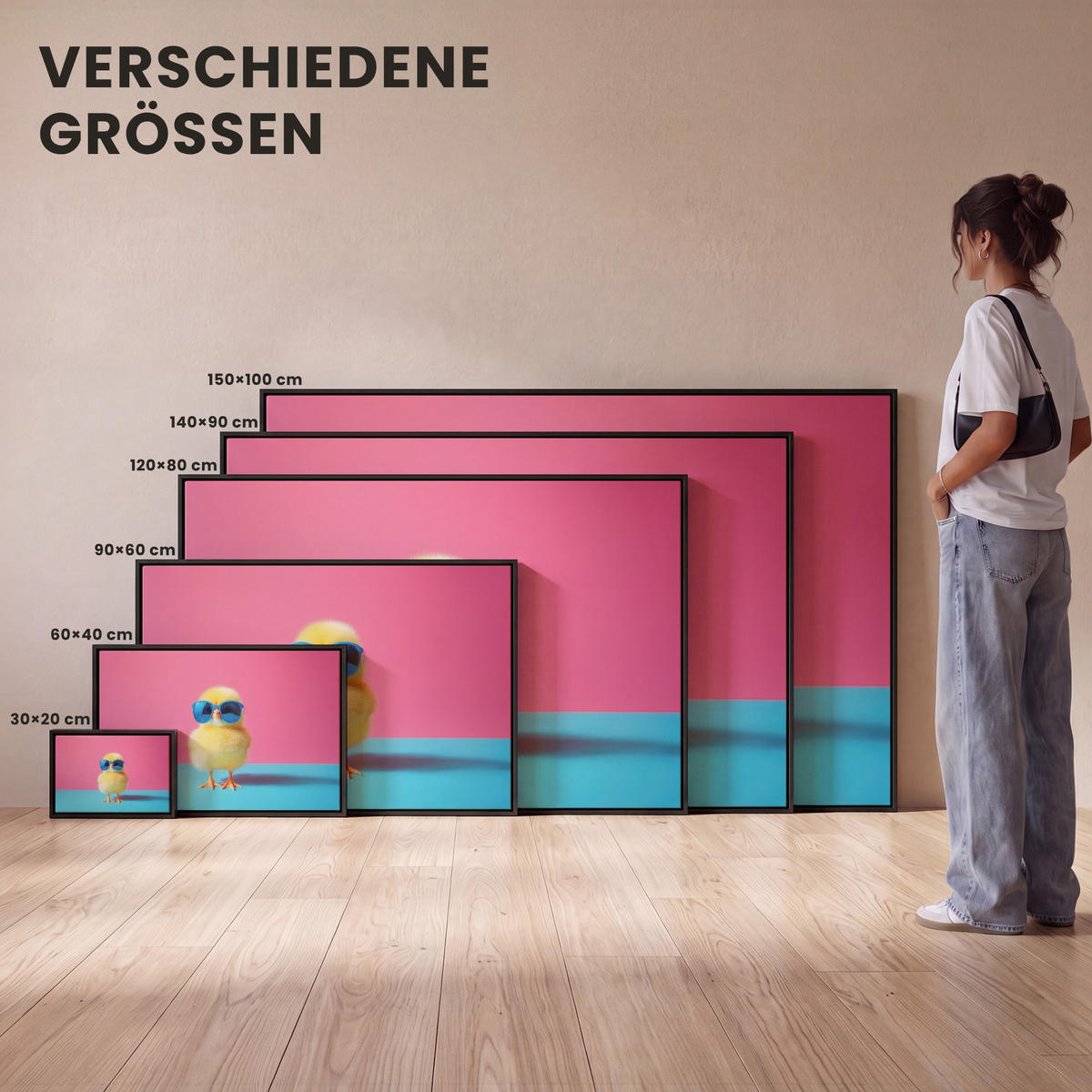 LEINWAND Bilder mit Rahmen - Chick - Sonnenbrille - Blau - 30x20 - Pink, Textil (30/20cm) - MuchoWow