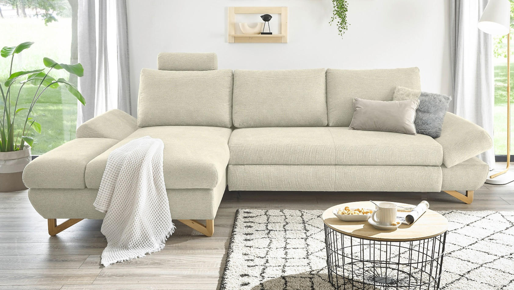 ECKSOFA beige Struktur-Stoff, Wohnzimmer Sofa - Beige, Holz/Textil (166/284cm) - Furn.Design