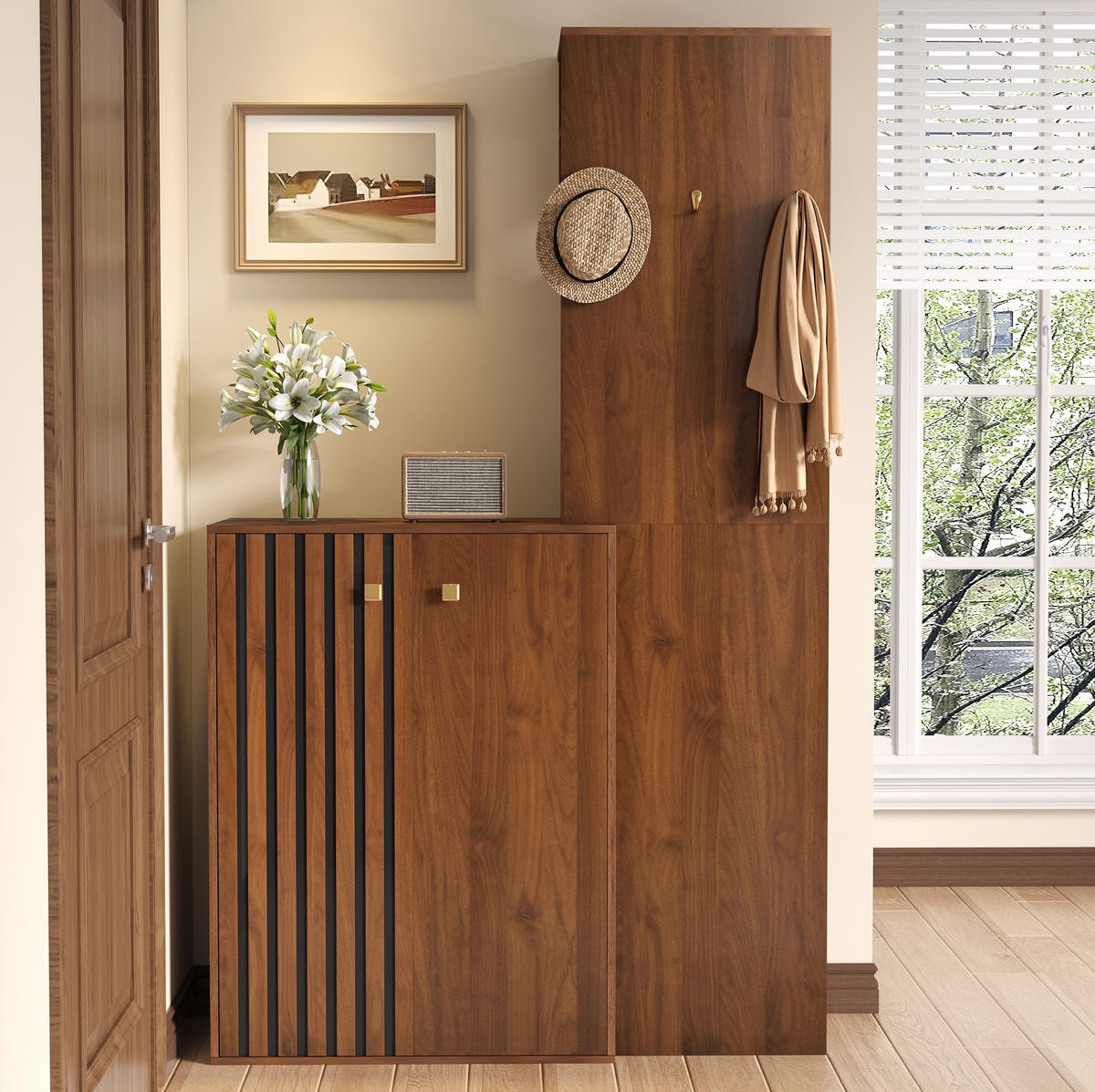 SCHUHSCHRANK aus MDF 115x38,5x191,5cm in Nussbaum mit Garderobe - Nussbaumfarben, Holzwerkstoff (115/191.5/38.5cm) - Modfu