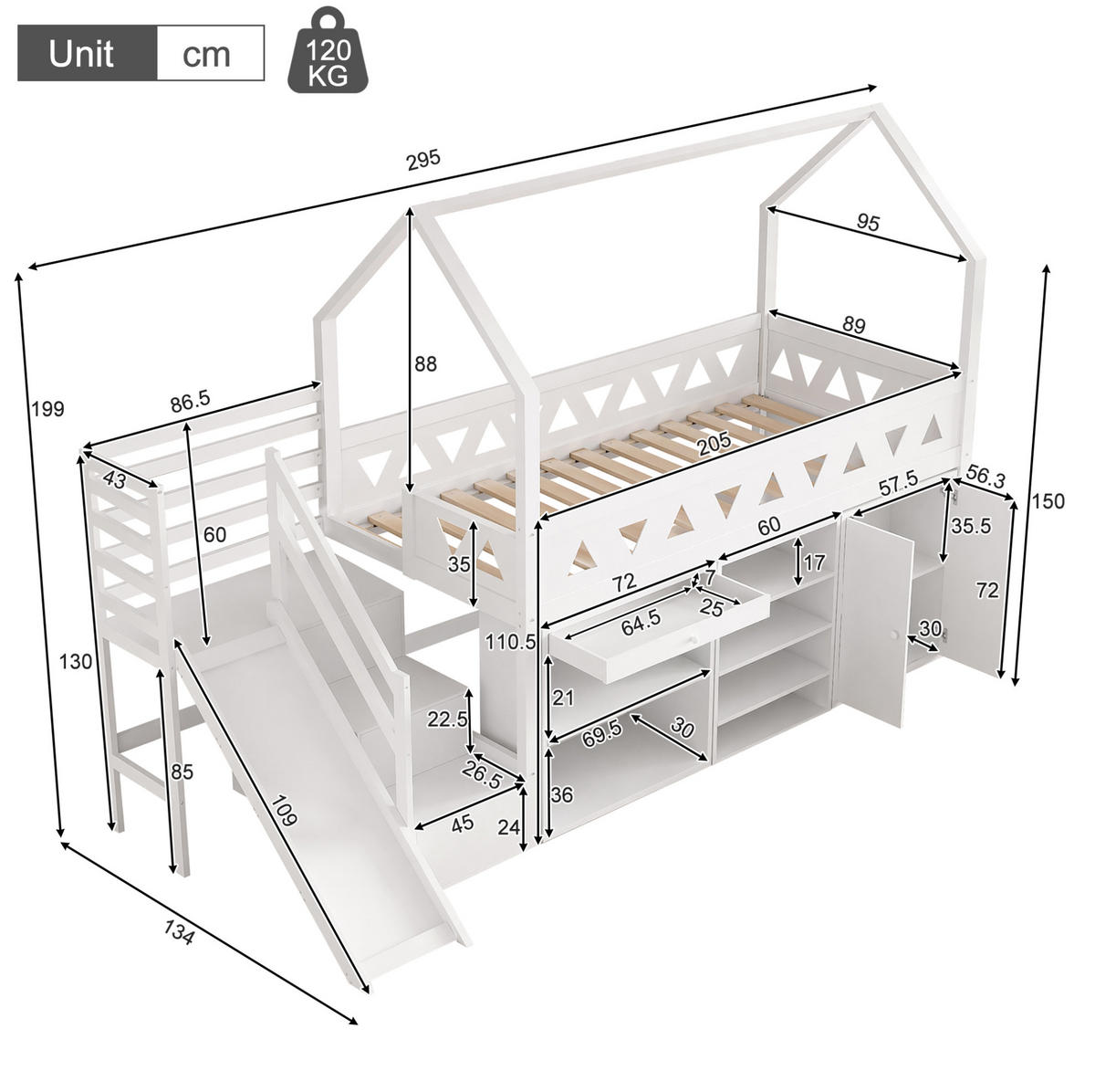 KINDERBETT 90/200 cm mit Rutsche, Treppe, Schubladen und Stauraum ohne Matratze - Weiß, Holz (90/200cm) - MIVRAY