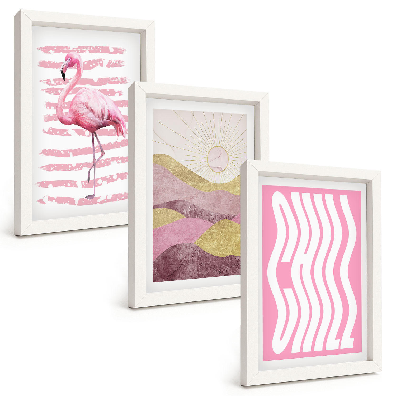 BILDER SET 3er Set - 20x30 cm Weißer Rahmen - Pastelllandschaft mit rosa Flamingos - Weiß, Kunststoff (20/30cm) - TULUP