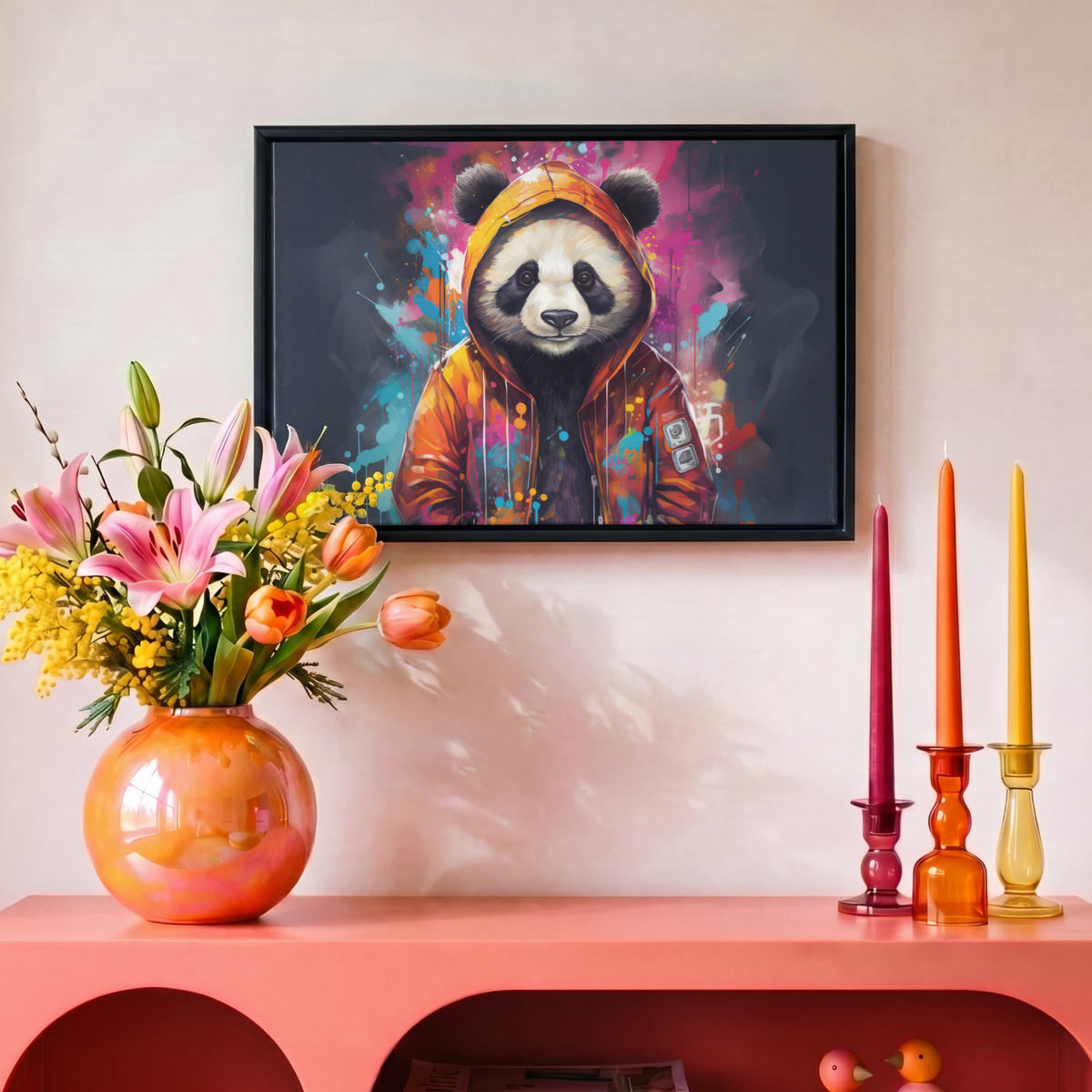 LEINWAND Bilder mit Rahmen - Panda - Jacke - Graffiti - Orange - 30x20 - Orange, Textil (30/20cm) - MuchoWow