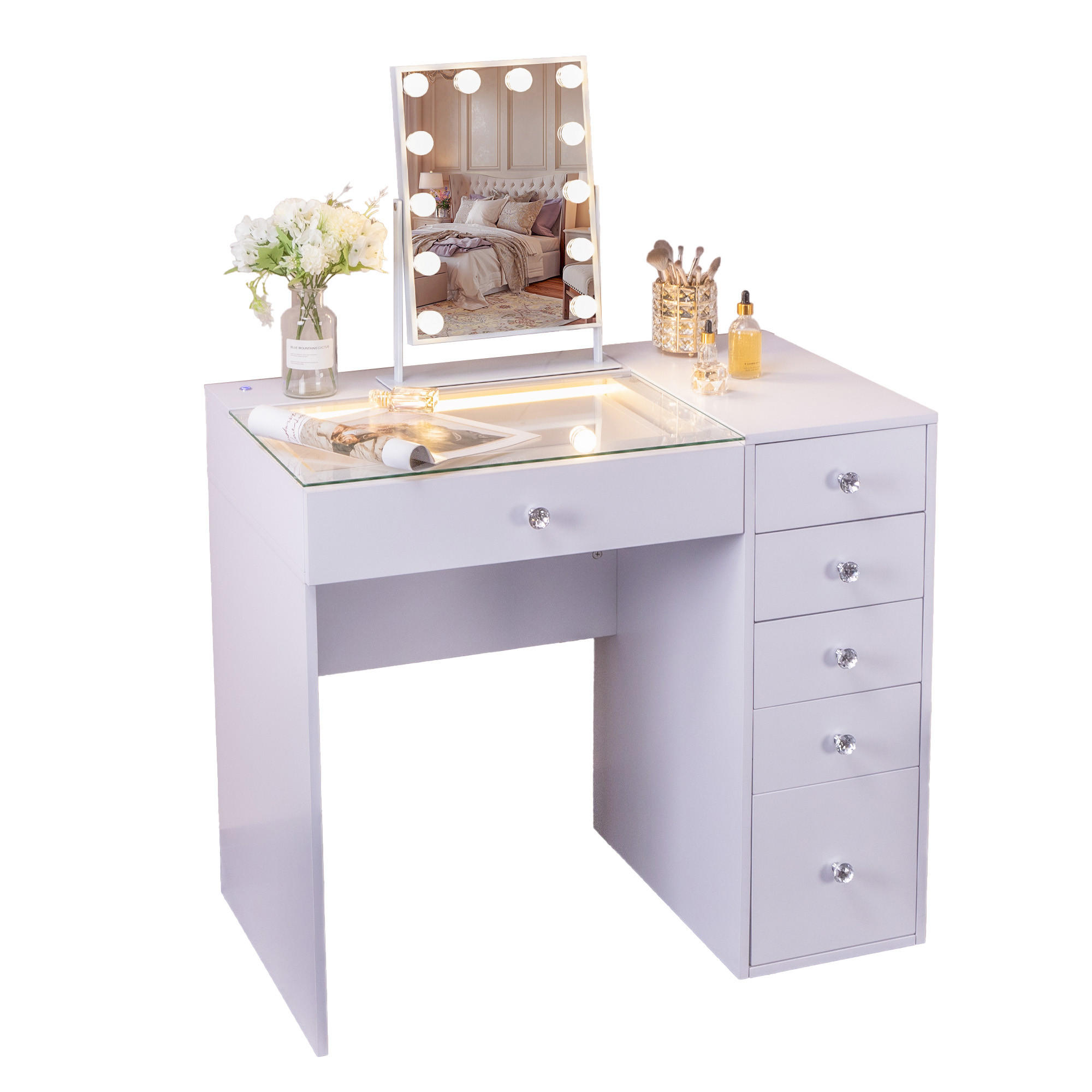 SCHMINKTISCH mit 6 Schubladen 92/55/81 CM und LED Beleuchtung Schminkspiegel 30 x 41 CM - Weiß, Holz (55/81/92cm) - VANITII