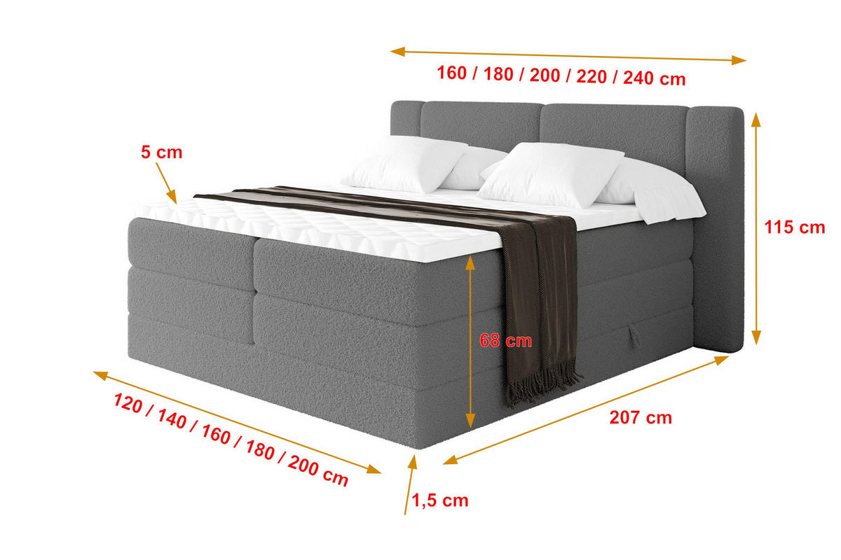 BOXSPRINGBETT mit Matratze H3/H4 - EVON KING - 140x200 cm Grau - Taupe, Holzwerkstoff (140/200cm) - ALTDECOR