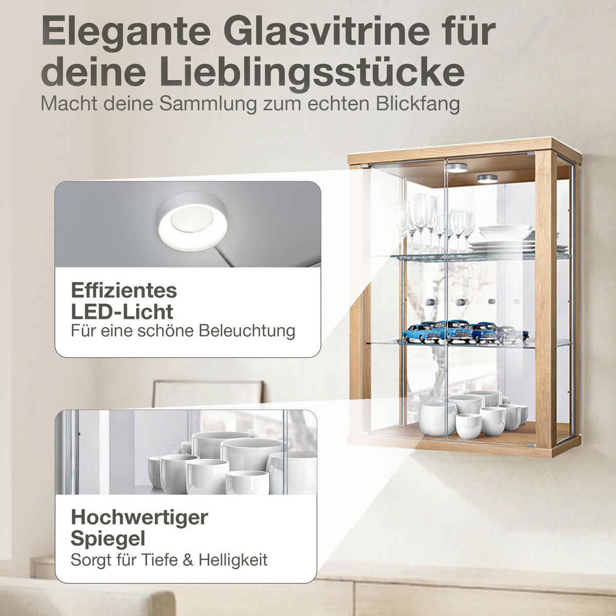 HÄNGEVITRINE 25/60/80 cm mit Spiegel, LED & 2 höhenverstellbaren Glasböden - Transparent/Silberfarben, Glas/Holzwerkstoff (60/80/25cm) - K-Möbel