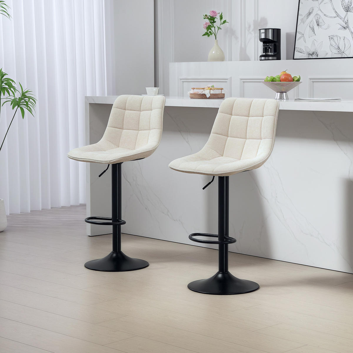 BARHOCKER 2er-Set, Gepolstert Barstuhl mit Lehne, Chenille-Optik Beige - Beige/Schwarz, Kunststoff/Textil (47/117/53cm) - HOMCOM